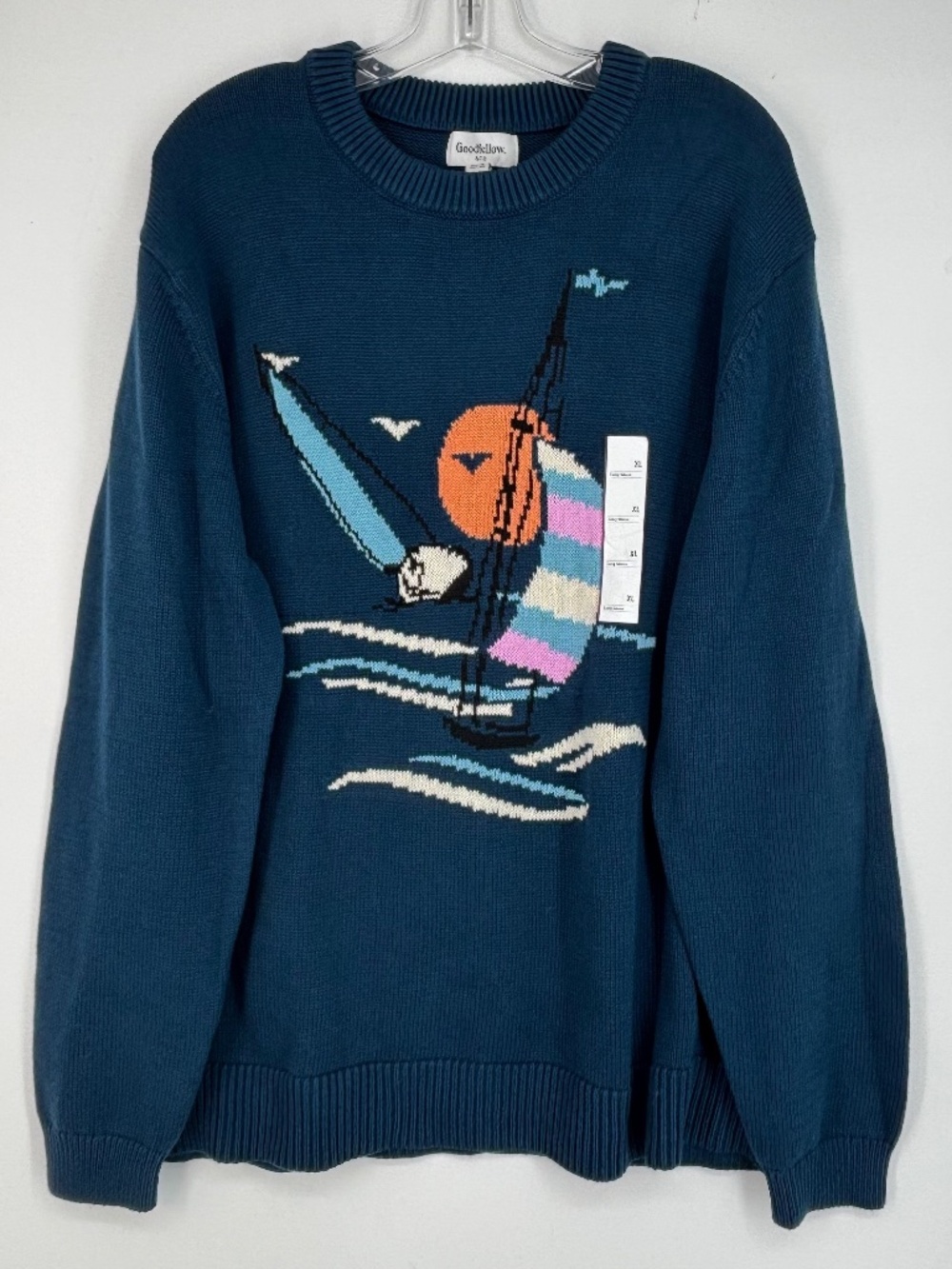 Goodfellow & Co Mens XL Pullover Sweater Teal Blue Sailboat 100% Cotton Knit